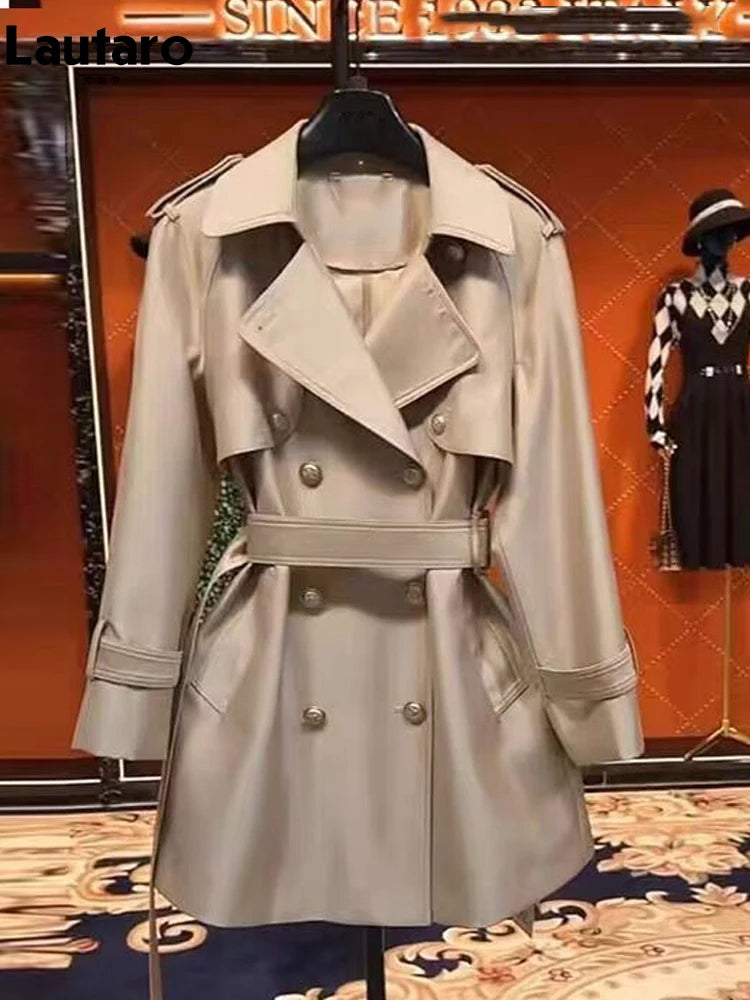 Women's Khaki Satin Trench Coat – Double-Breasted, Belted, Elegant Fit