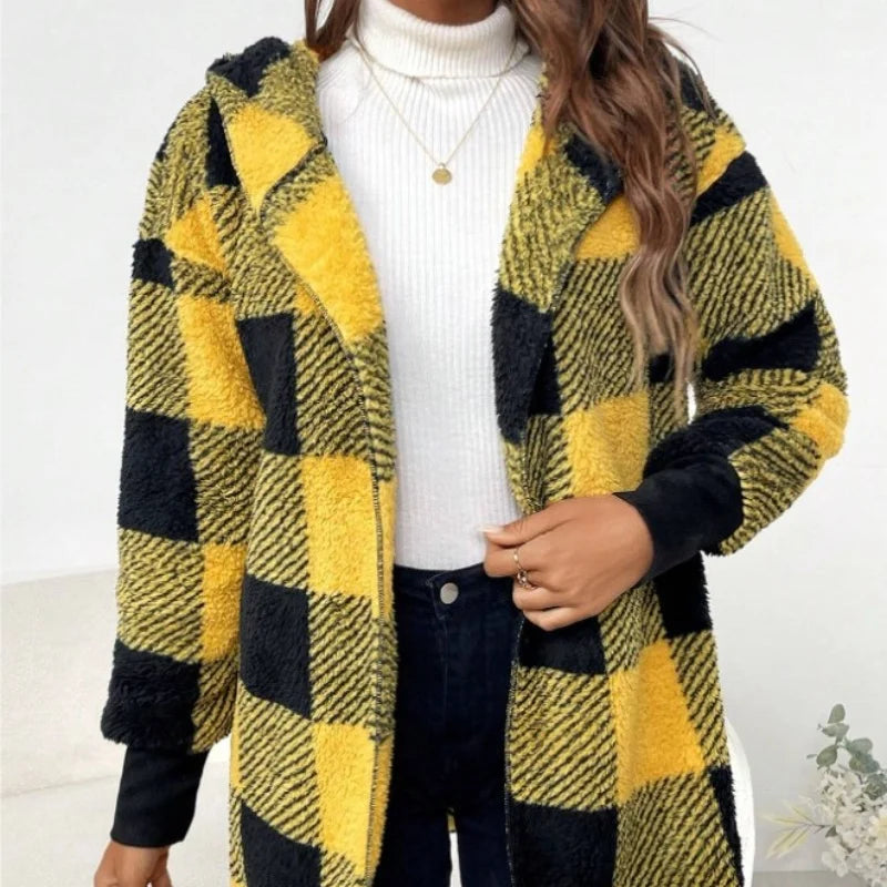 Double Fleece Plaid Cardigan Soft Loose Long Sleeve Plush Warm Hooded Jacket