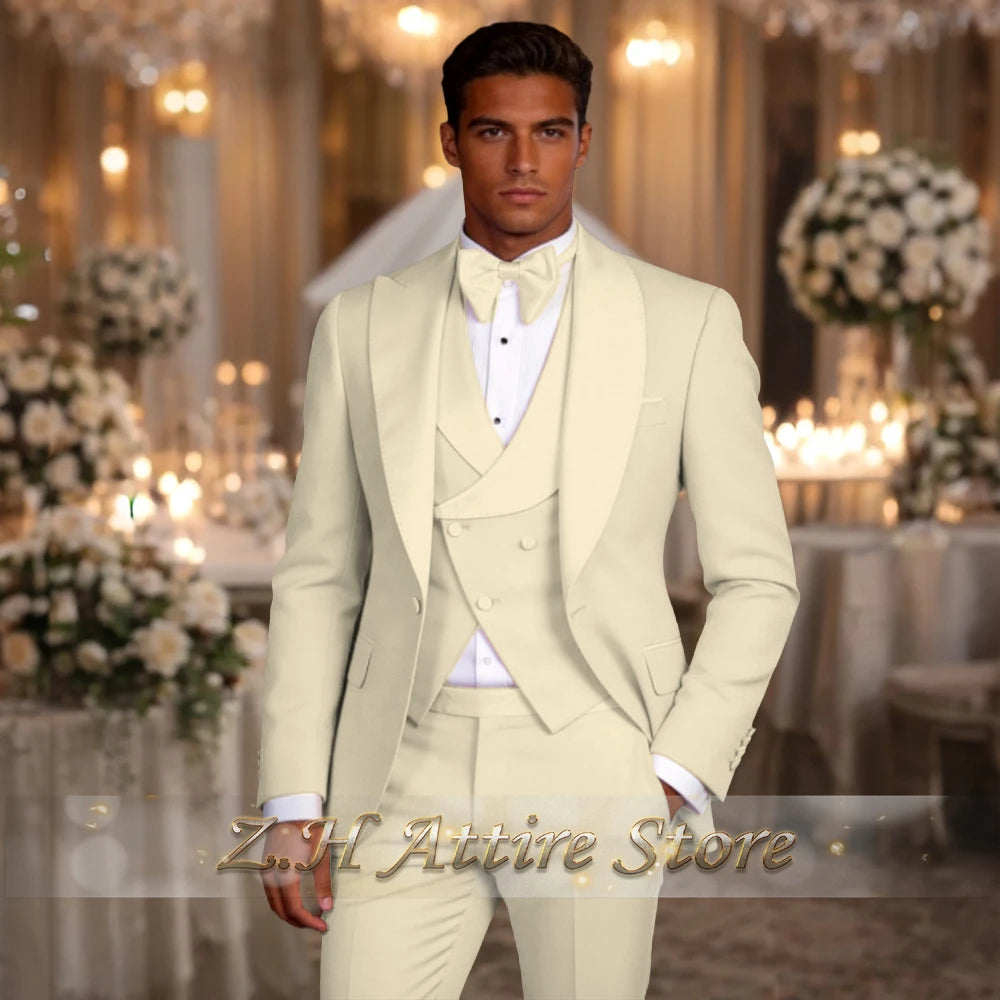 Elegant men's 3pcs suit spliced satin lapel jacket vest pants LADYLYS