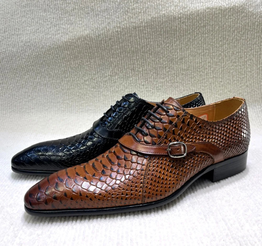 Italian-Style Handcrafted Leather Oxford Shoes – Python Pattern, Pointed Toe