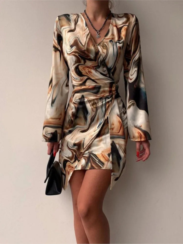 Long Sleeved Fashionable Printed Pleated Dress Sexy V-neck Irregular Casual Short Dress
