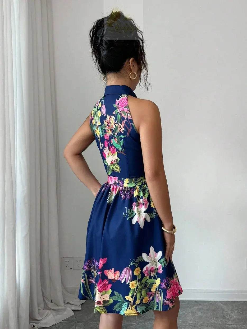 Printed Waist Halterneck Tie Dress Elegant LADYLYS