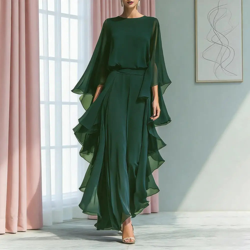 Slegant Suits 2pcs Sets Ruffle Bell Sleeve Shirt and High Waisted Wide Leg Pants Two Pieces LADYLYS