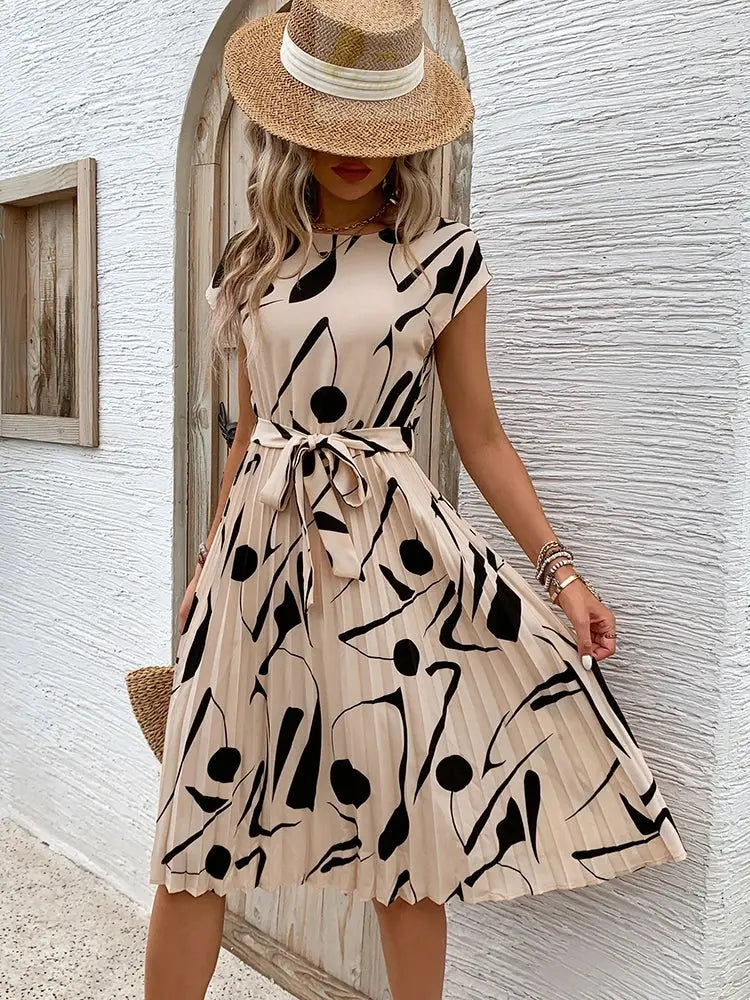 Spring Summer O Neck Pleated Medium Long Dress Fashion Print Lace-up Dress LADYLYS