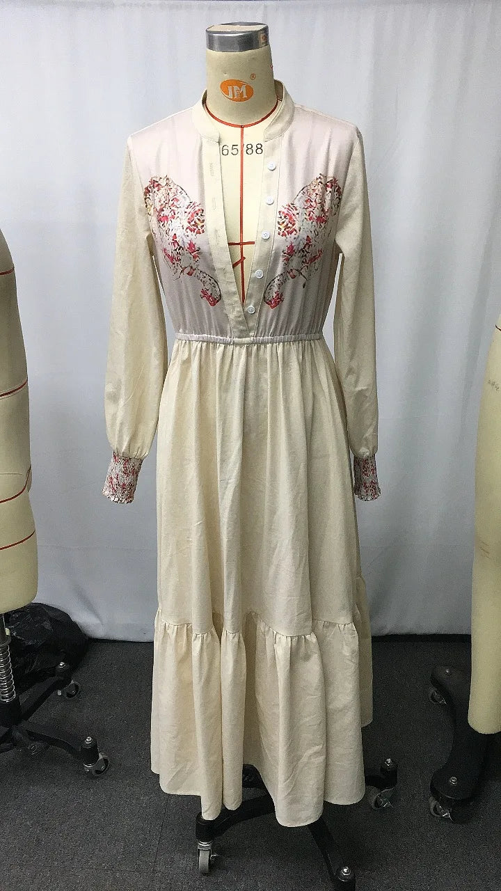 Vintage V-Neck Country Style Printed Long-Sleeve Dress LADYLYS