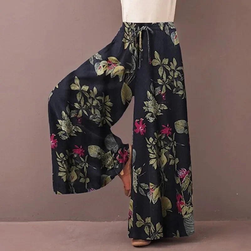 Women's Floral Print Wide Leg Pants — Drawstring Elastic Waist Bohemian Trousers | Plus Size
