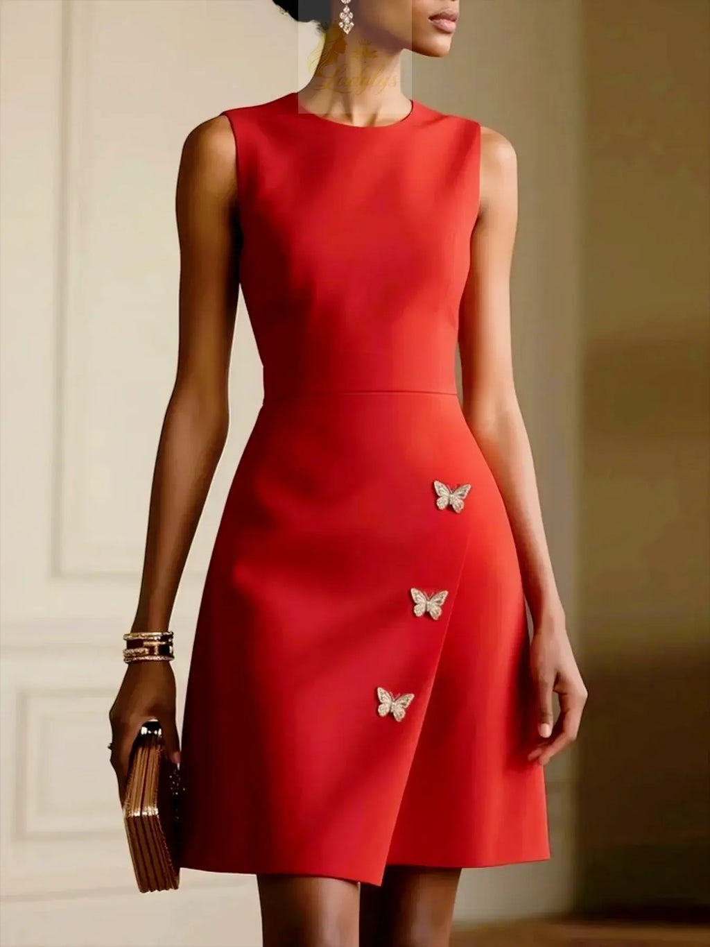 Elegant Slim Fit Knee-Length Sleeveless Dress with Metal Buckle LADYLYS
