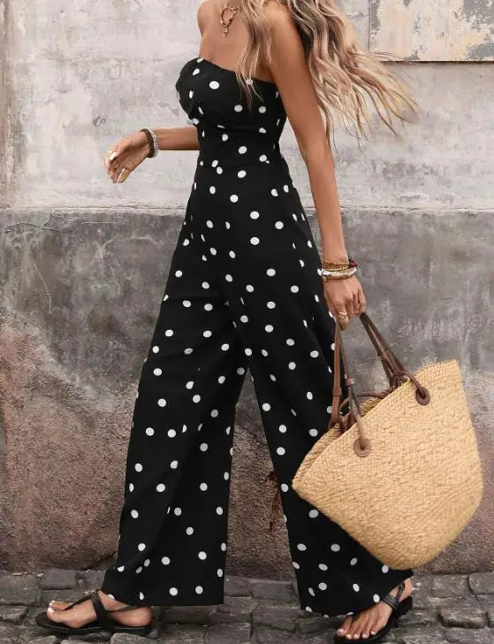 Bodysuit Women Summer New Fashionable Elegant Style Slim Fit Polka Dot Print High Waist Slim Fit Strapless Wide Leg Jumpsuit LADYLYS