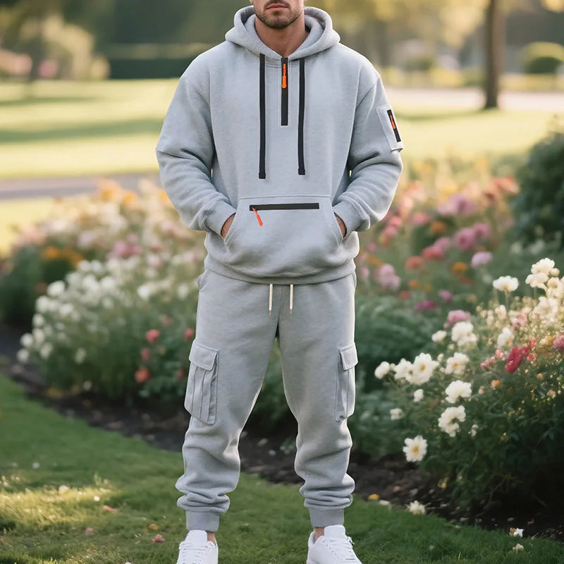 Men's Fleece Hoodie & Multi-Pocket Pants Set – Casual Sportswear