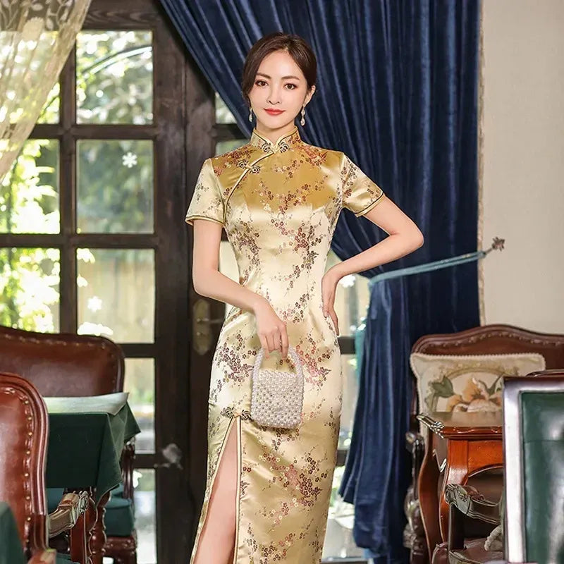 Printed Short-Sleeve Qipao-Inspired Midi Dress