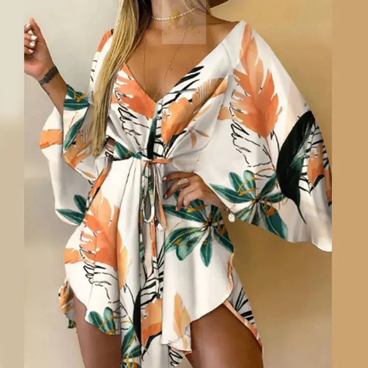 Print Dress Sexy V-Neck Bat Sleeve Ruffl Flowers Mini LADYLYS