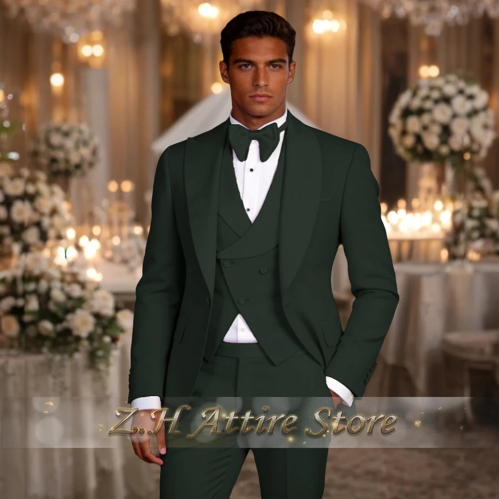 Elegant men's 3pcs suit spliced satin lapel jacket vest pants LADYLYS