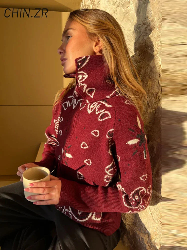 Women's Boho Jacquard Knit Cardigan with Stand Collar and Zip