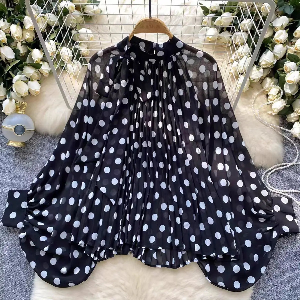 Elegant Fashion All-match White Wave Point Blouses Long Sleeve Oversize