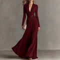 Women's Elegant Deep V-Neck Maxi Dress with Long Sleeves and Ruched Tie Waist