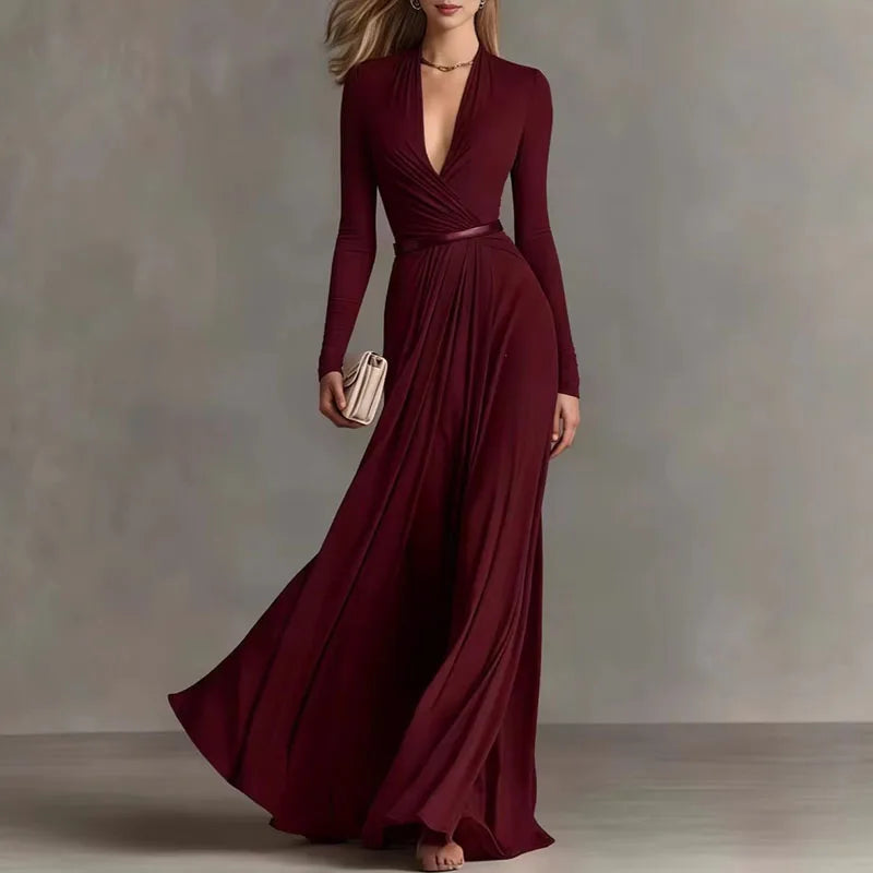 Women's Elegant Deep V-Neck Maxi Dress with Long Sleeves and Ruched Tie Waist