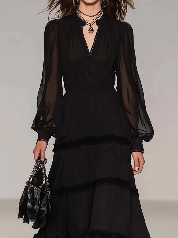 Black V-Neck Maxi Dress – Long Sleeve Mesh Patchwork A-Line | Party & Streetwear