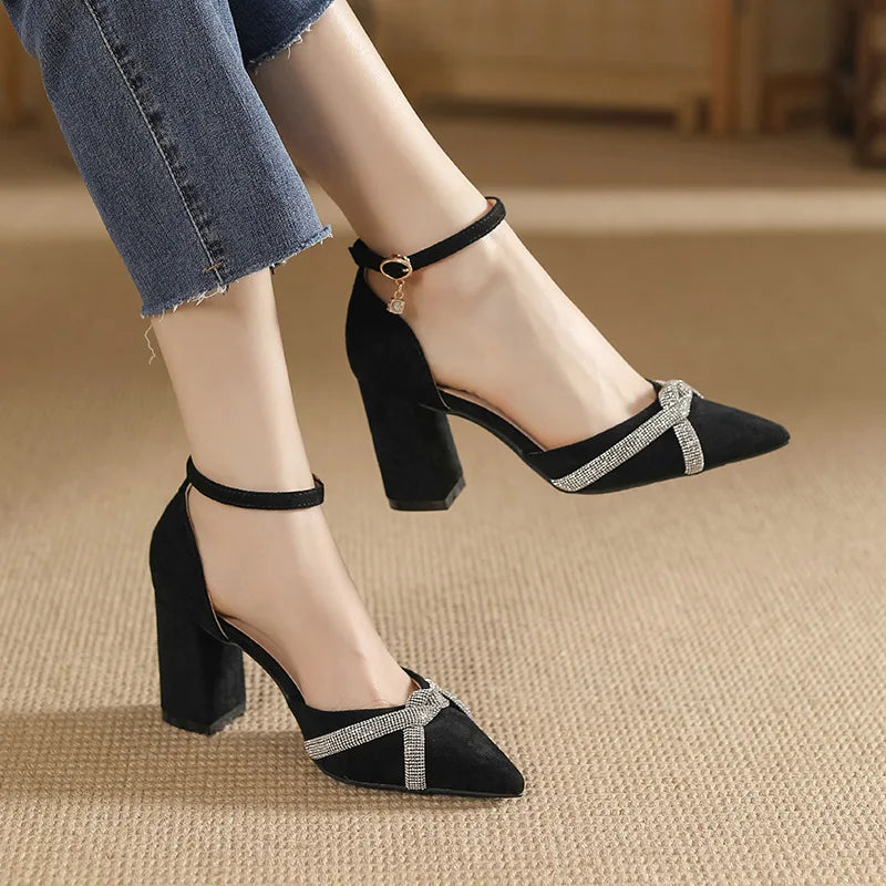 Chunky Heel Hollow Point Toe High Heels Women Shoes Solid Color Ankle Strap Rhinestone Black Heels LADYLYS