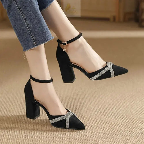 Chunky Heel Hollow Point Toe High Heels Women Shoes Solid Color Ankle Strap Rhinestone Black Heels LADYLYS