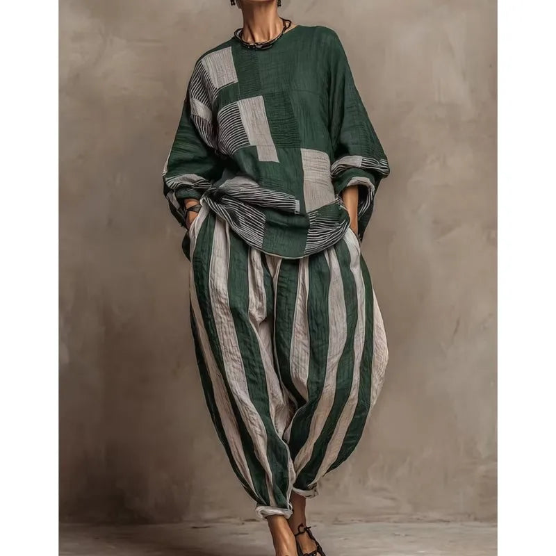 Women's Striped Patchwork 2-Piece Set – Loose Top & Harem Pants, Office Casual