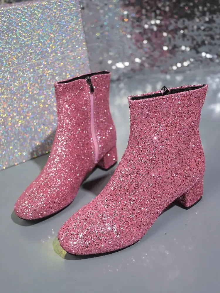 Women's Sparkly Mid-Calf Boots with Block Heels