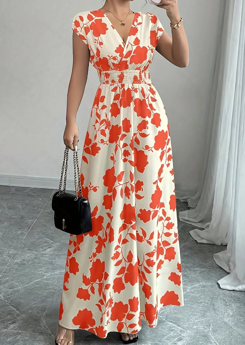 Printed V-Neck Short Sleeve Midi Dress – Lace-Up Waist Casual Summer Dress