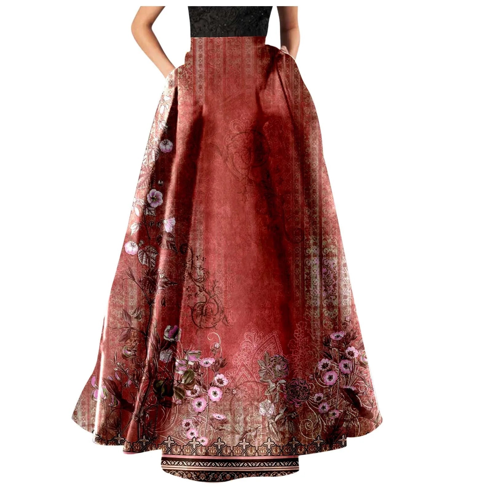 High Waist Pocket Skirts For Women Fashion Bohemian Floral Print Maxi Skirt LADYLYS