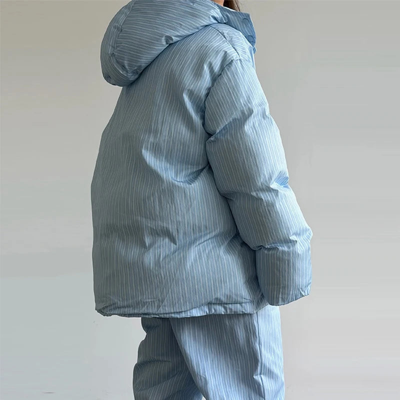 Women's Striped 2-Piece Set – Zip-Up Hooded Puffer Coat & Wide-Leg Jogger Pants | Warm Winter Suit