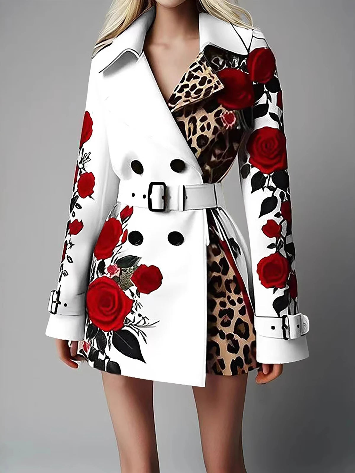 Chic Trench Coat Red Rose Leopard Print Double Breasted Belted Lapel Long LADYLYS