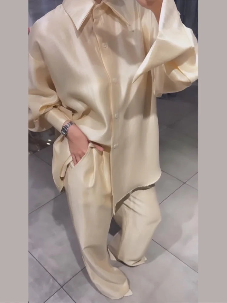 Women's 2-Piece Satin Set – Oversized Lapel Blouse & High-Waist Wide-Leg Trousers | Chic Street Style