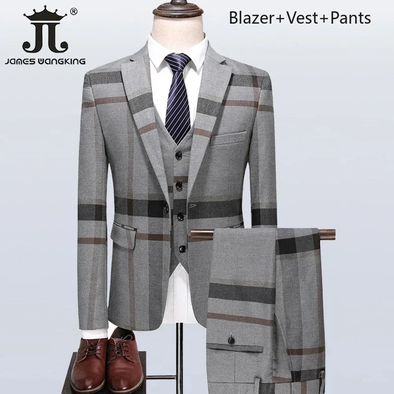 Men's Formal Suits 3 Piece Set British Plaid Style (Blazer + Vest + Trousers) LADYLYS