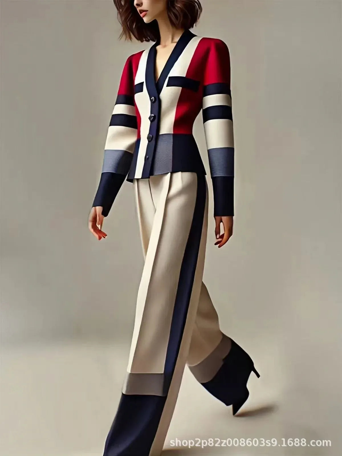 Women's Red Colour-Block Blazer & Trousers Set