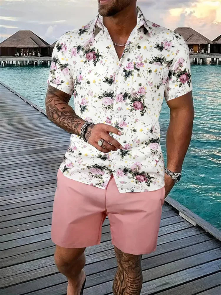 Men's Shirt Shorts Set Two Piece 3D Leaf Print Hawaiian Style LADYLYS