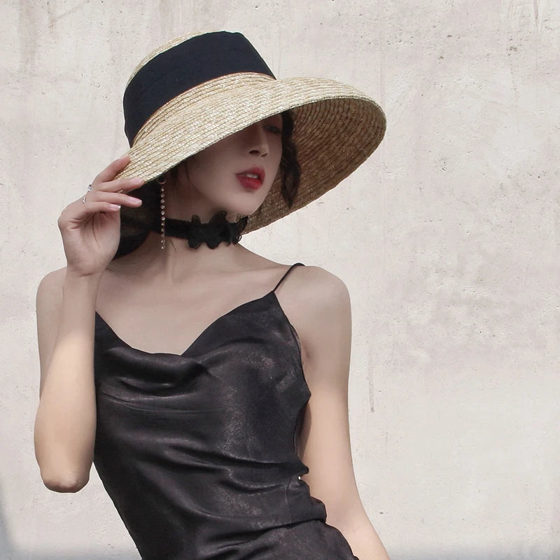Wide Brim Women Sun Hat Wheat Straw Summer Beach Hat Elegant Cap UV Protection Black long Ribbon Bow Derby Travel Hats LADYLYS