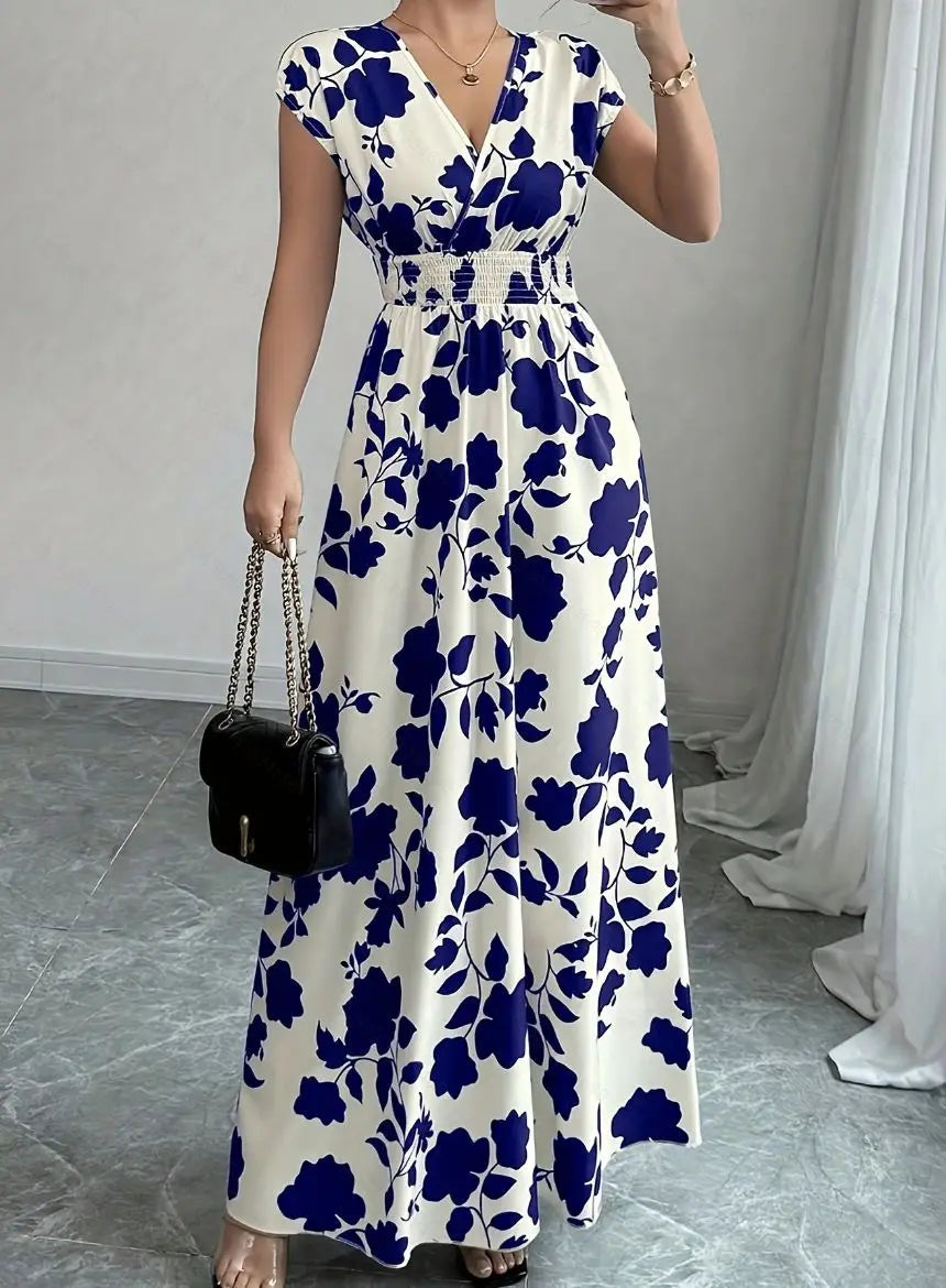 Printed V-Neck Short Sleeve Midi Dress – Lace-Up Waist Casual Summer Dress