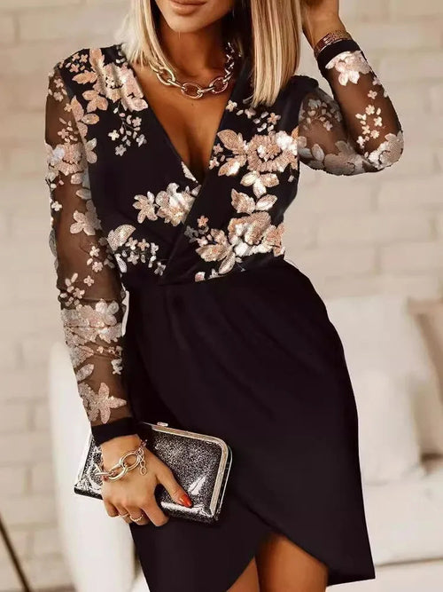 Women's Sexy Party Dresses Deep V-neck Sequins Patchwork New Long Sleeve Short Dress Fashion Elegant Slim Lady Office Vestidos LADYLYS