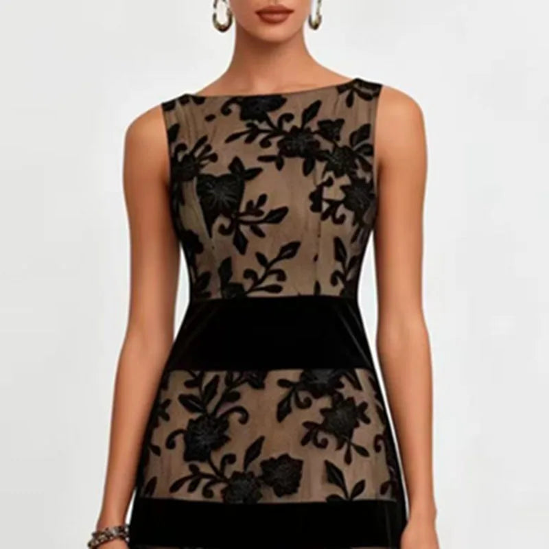 Floral Lace Mesh Sleeveless A-Line Dress – Elegant Formal Evening Gown