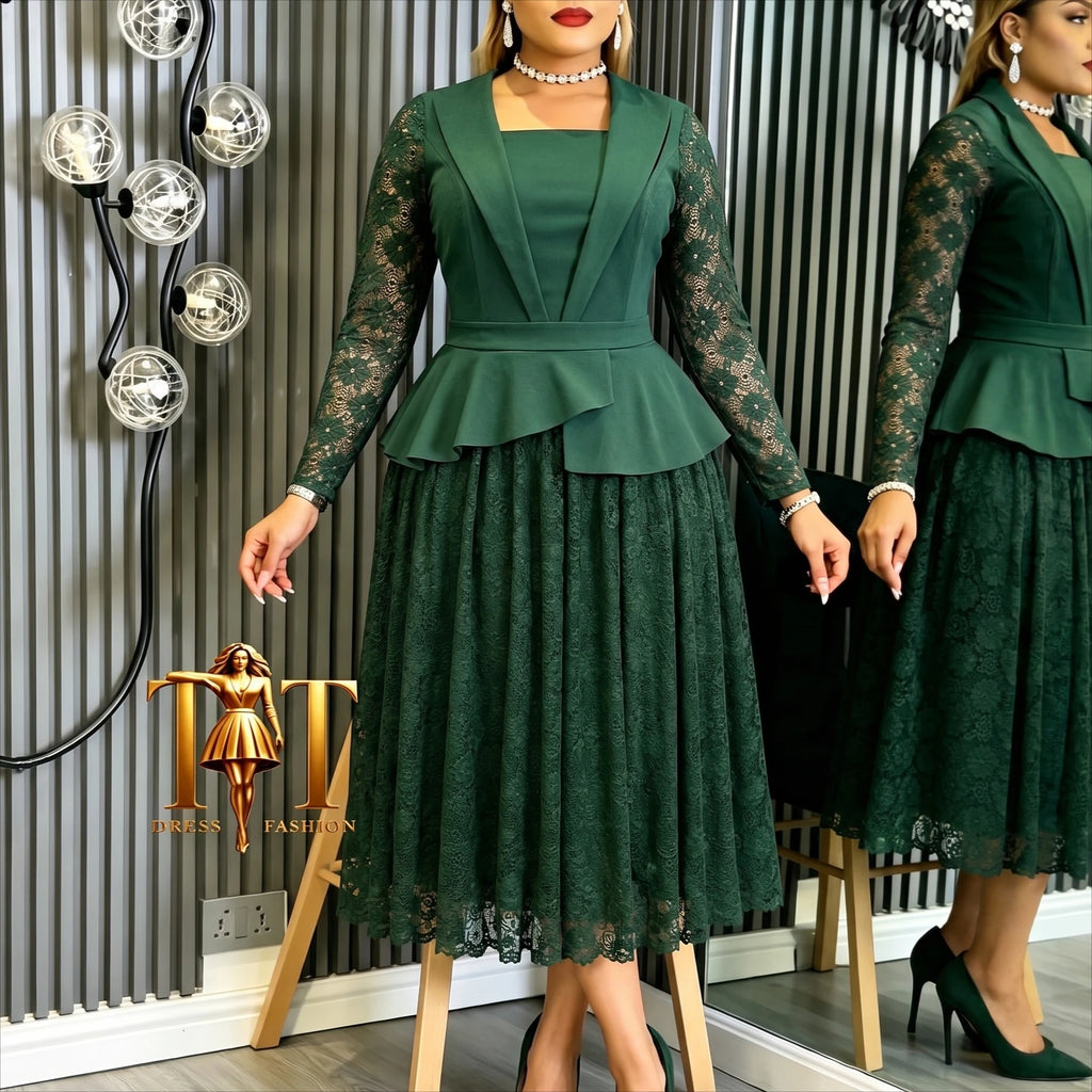 Women's Lace A-Line Peplum Dress – Square Neck Long Sleeve Midi | Church, Celebration & Party