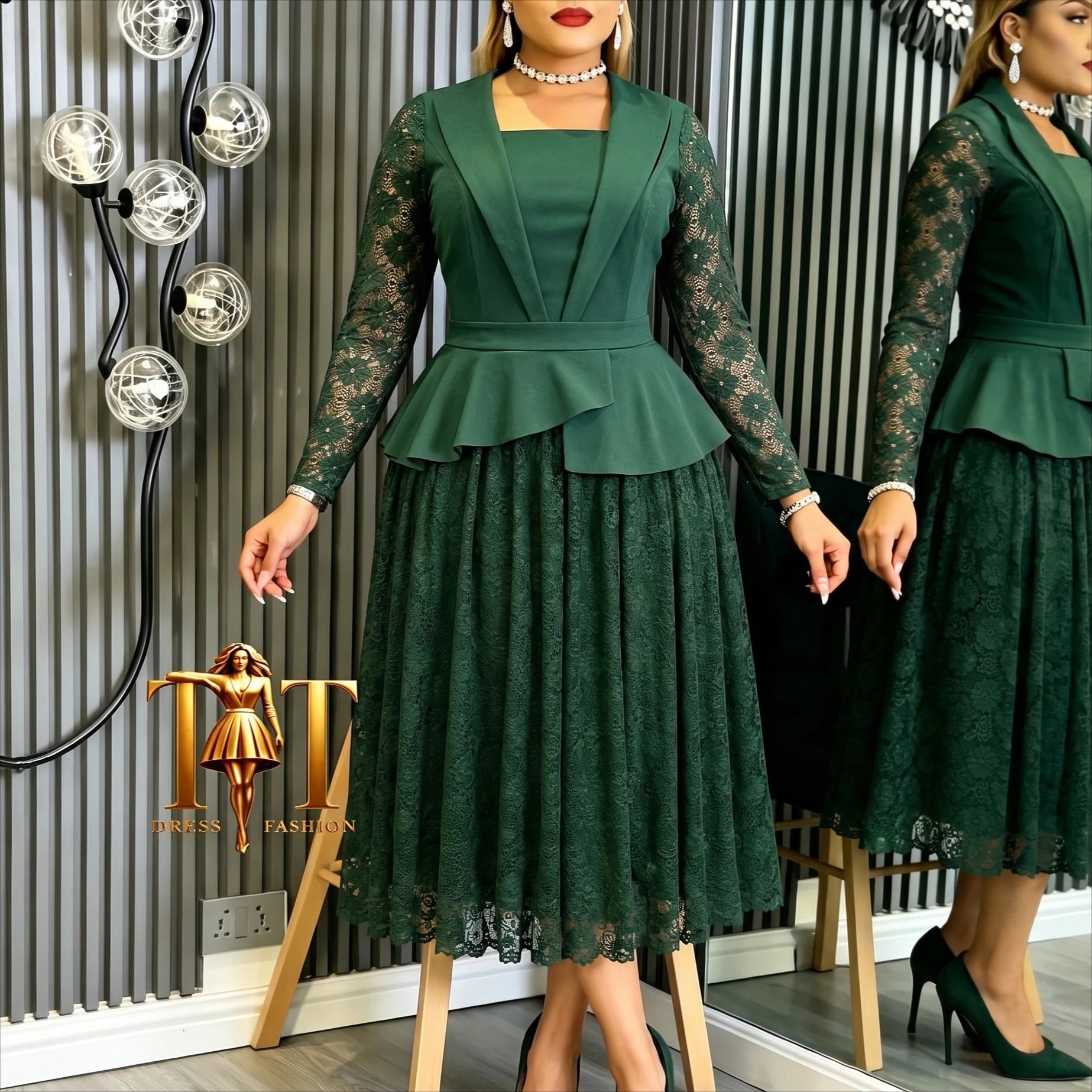 Women's Lace A-Line Peplum Dress – Square Neck Long Sleeve Midi | Church, Celebration & Party