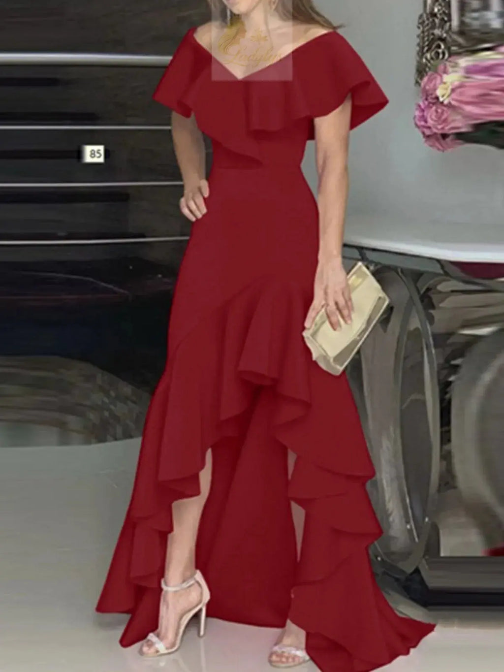 Beauty style elegant V-neck ruffled irregular elegant dress LADYLYS