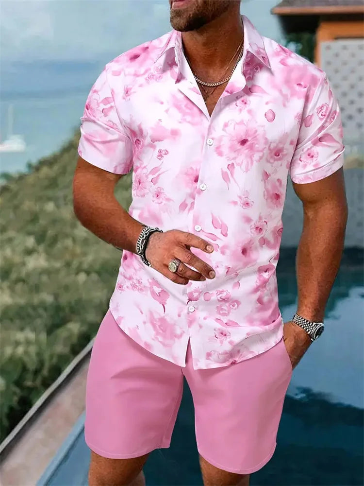 Men's Shirt Shorts Set Two Piece 3D Leaf Print Hawaiian Style LADYLYS