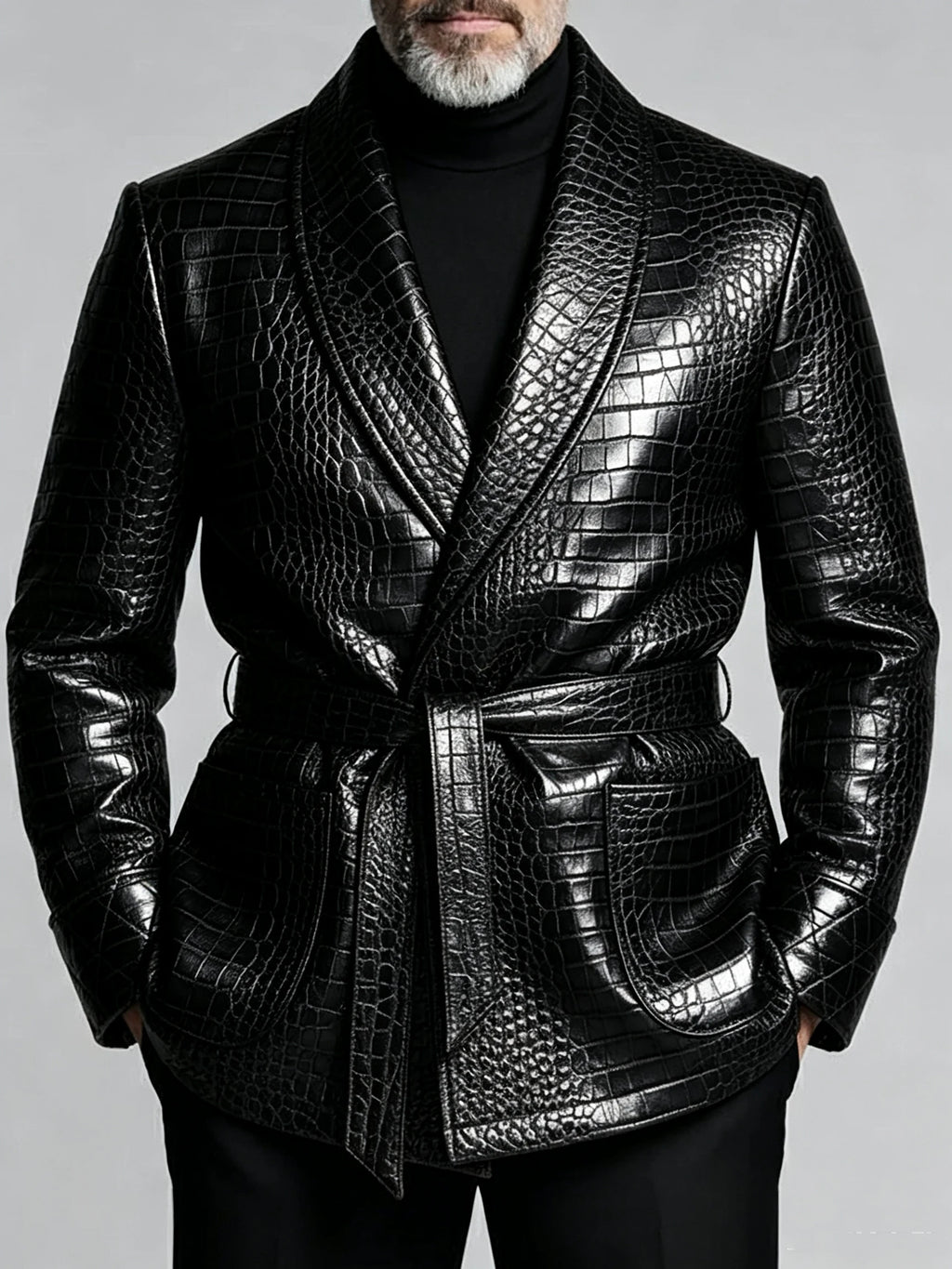 Men's Crocodile-Embossed PU Leather Blazer – Shawl Lapel, Belted, Slim Fit