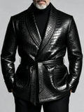 Men's Crocodile-Embossed PU Leather Blazer – Shawl Lapel, Belted, Slim Fit
