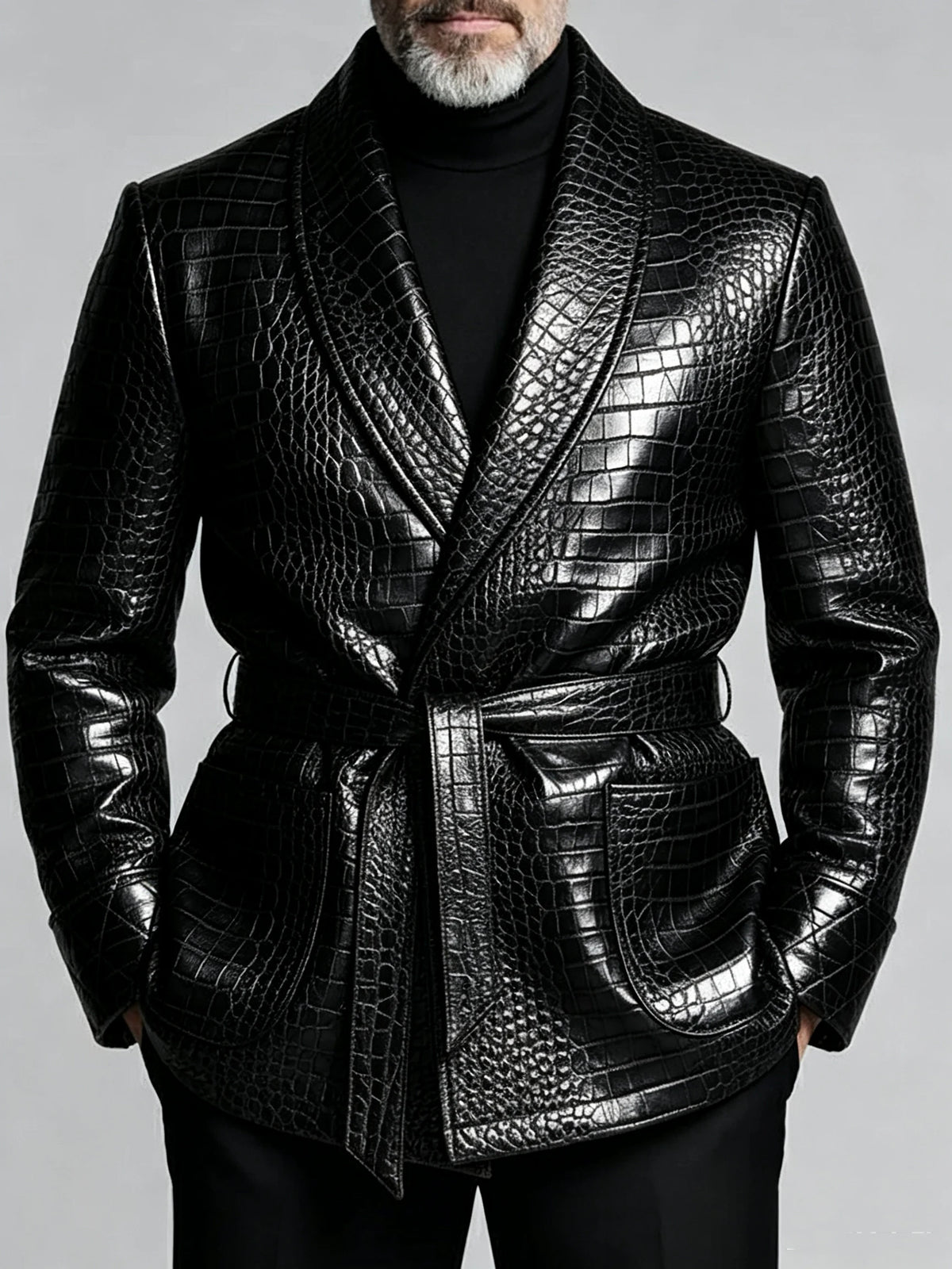 Men's Crocodile-Embossed PU Leather Blazer – Shawl Lapel, Belted, Slim Fit