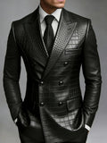 Men Black Crocodile Embossed Faux Leather Double Breasted Blazer Peak Lapel Slim Fit Stage Party Formal Tuxedo Jacket LADYLYS