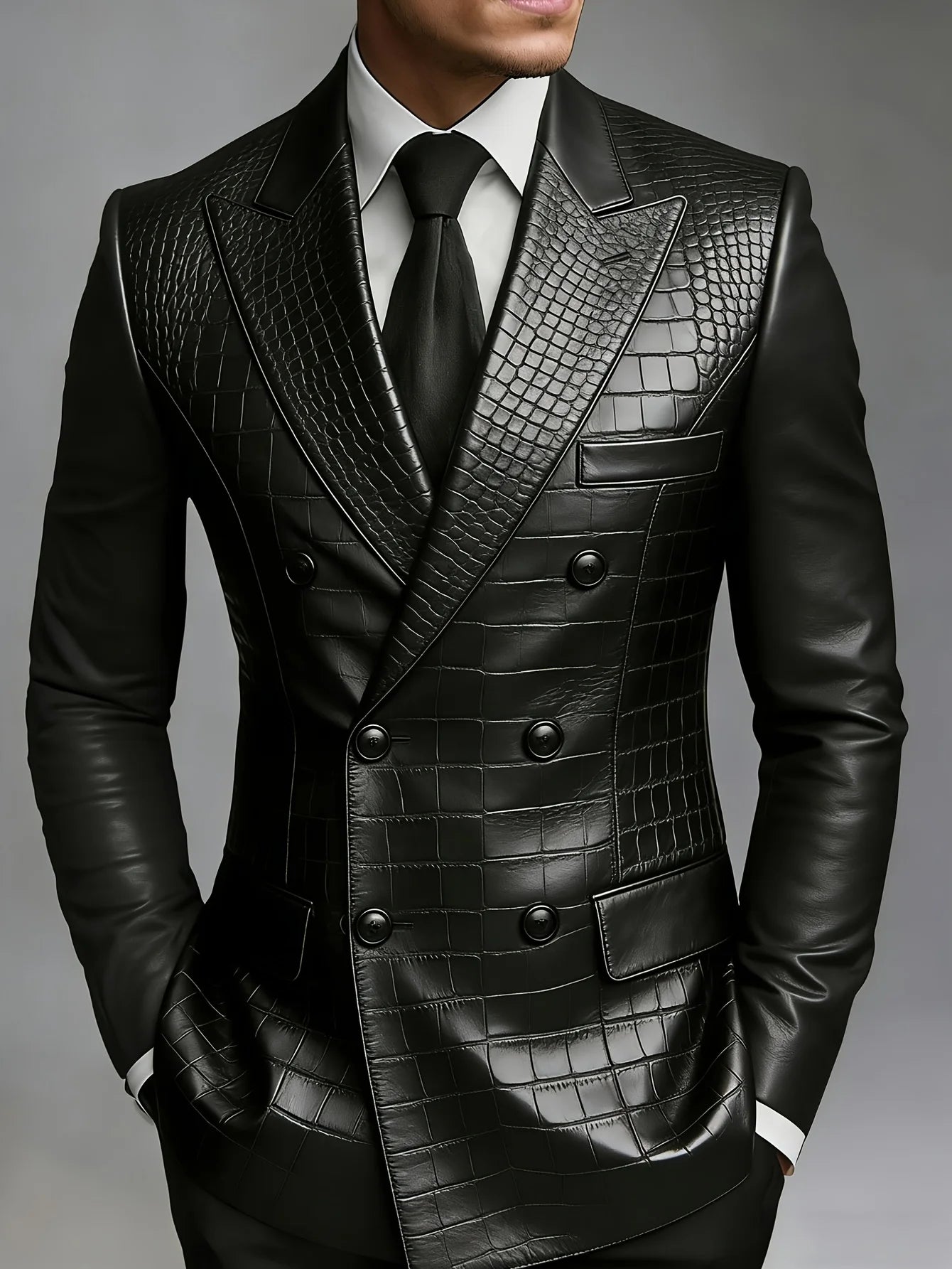 Men Black Crocodile Embossed Faux Leather Double Breasted Blazer Peak Lapel Slim Fit Stage Party Formal Tuxedo Jacket LADYLYS