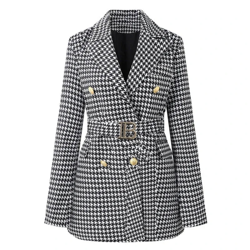 Women's Double-Breasted Belted Blazer with Notched Lapels