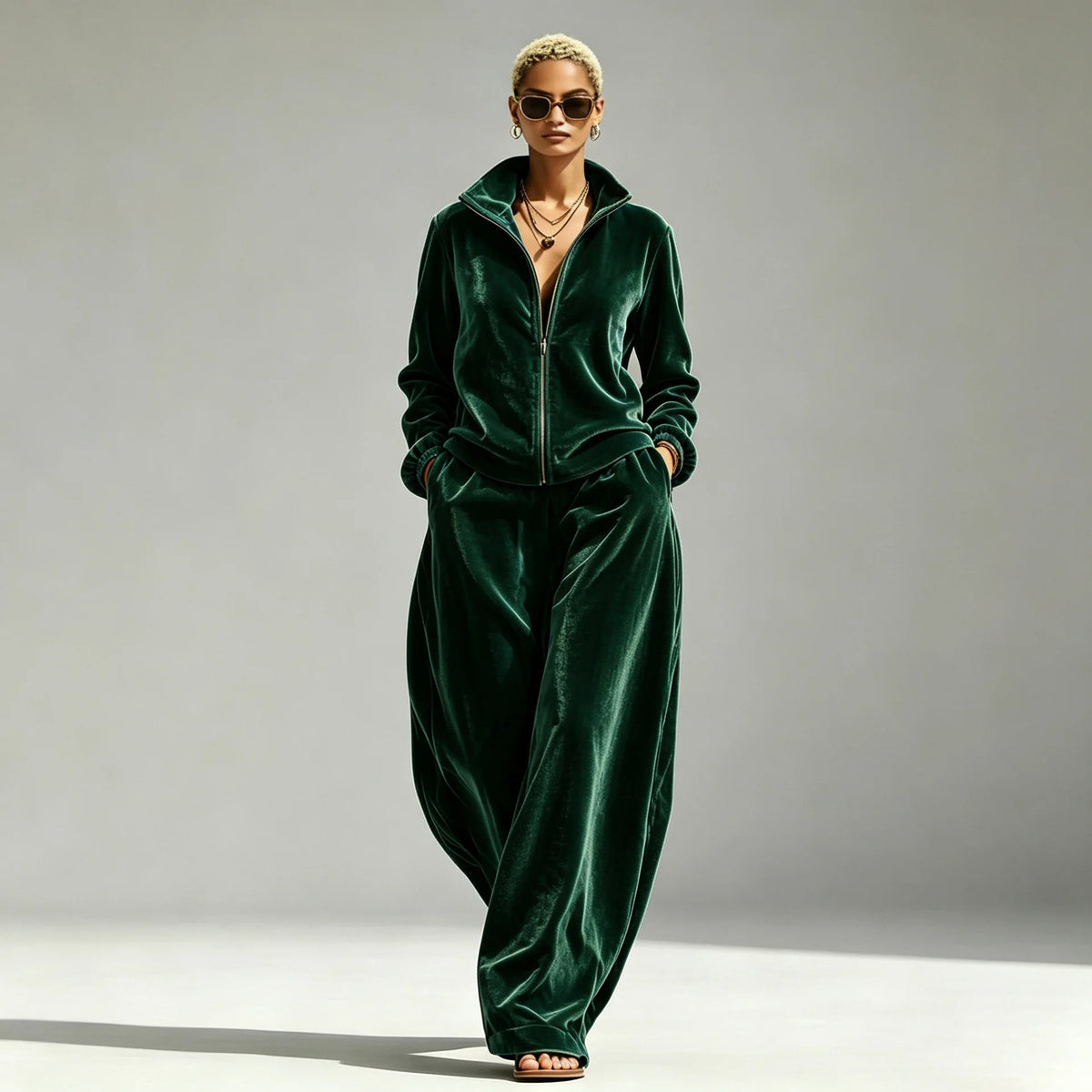 Women's Velvet Two-Piece Set with Wide-Leg Pants