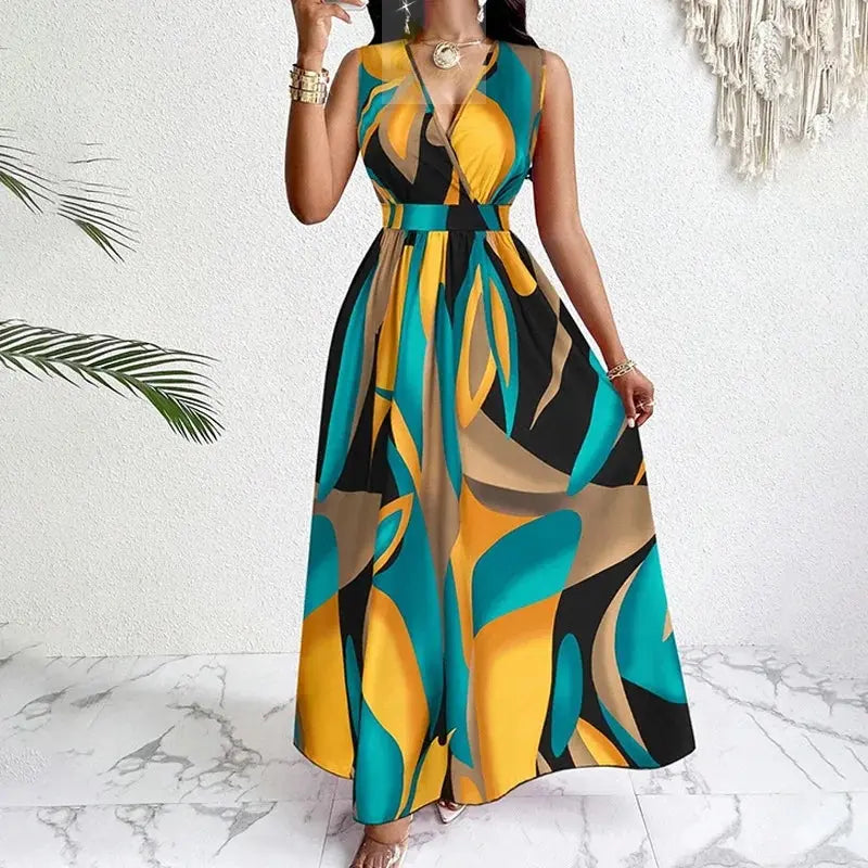 Temperament Printed Waist Cinching Dress, Summer V-neck Elegant LADYLYS
