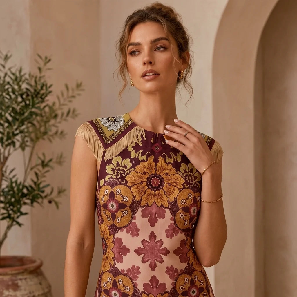 Women's Bohemian Scarf Print Midi Dress – Sleeveless Asymmetrical Handkerchief Hem with Fringe | Elegant Summer Dress